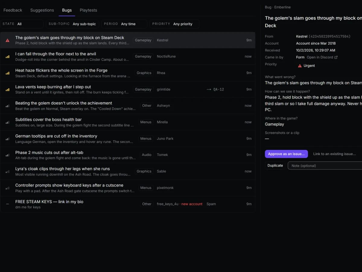 The Community box: bug reports from Discord players, with one open showing it came in by form and an Approve as an issue button.