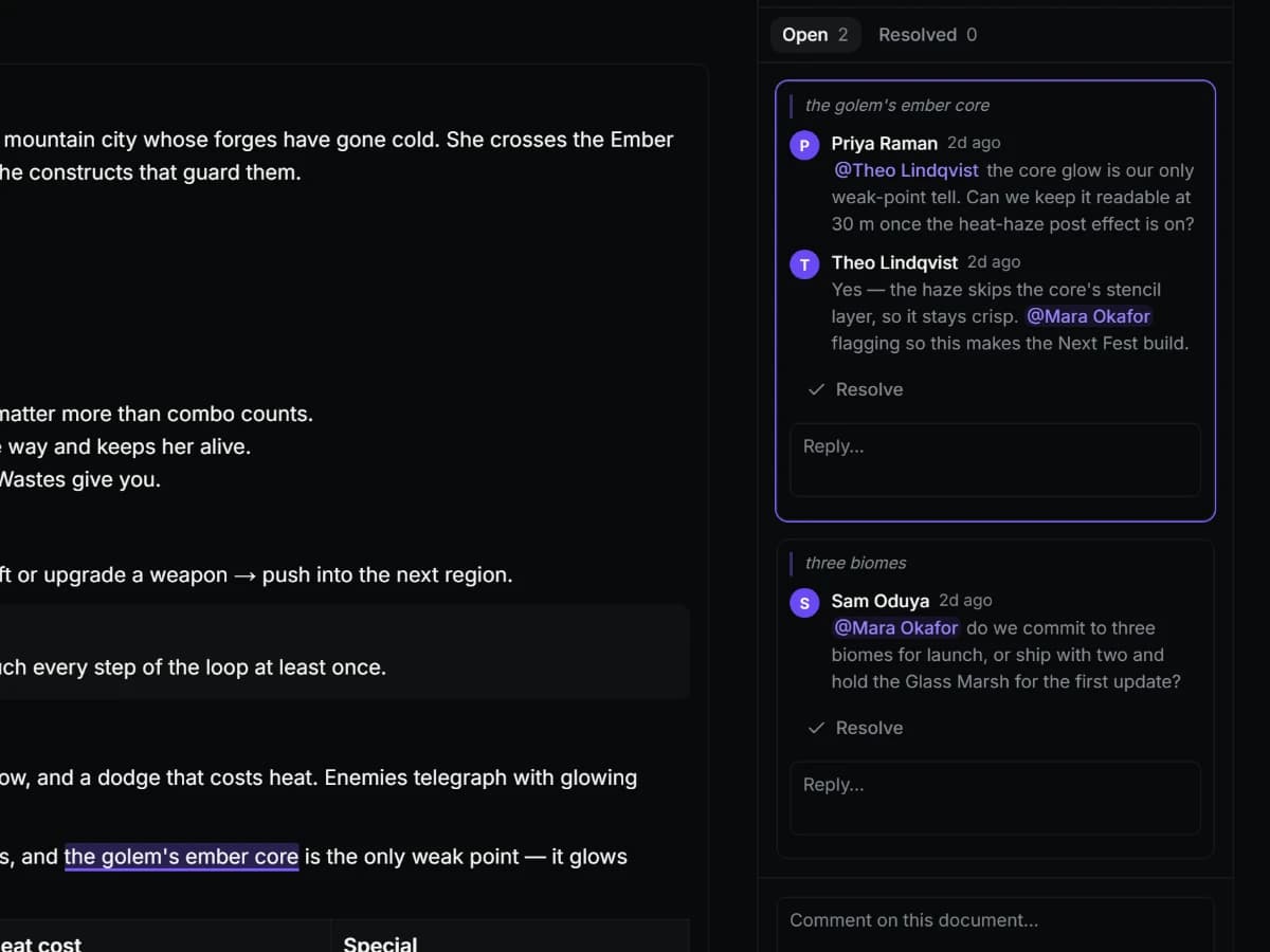 A game design document with a comment thread on a highlighted sentence.