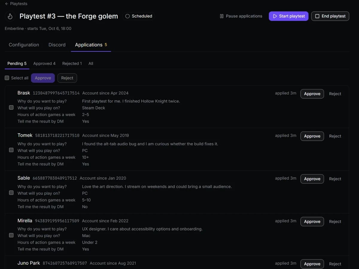 A playtest with its pending applications: each player’s Discord account, account age and answers, with Approve and Reject.