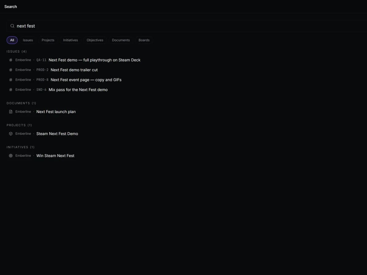 Search results across issues, documents, projects and initiatives.