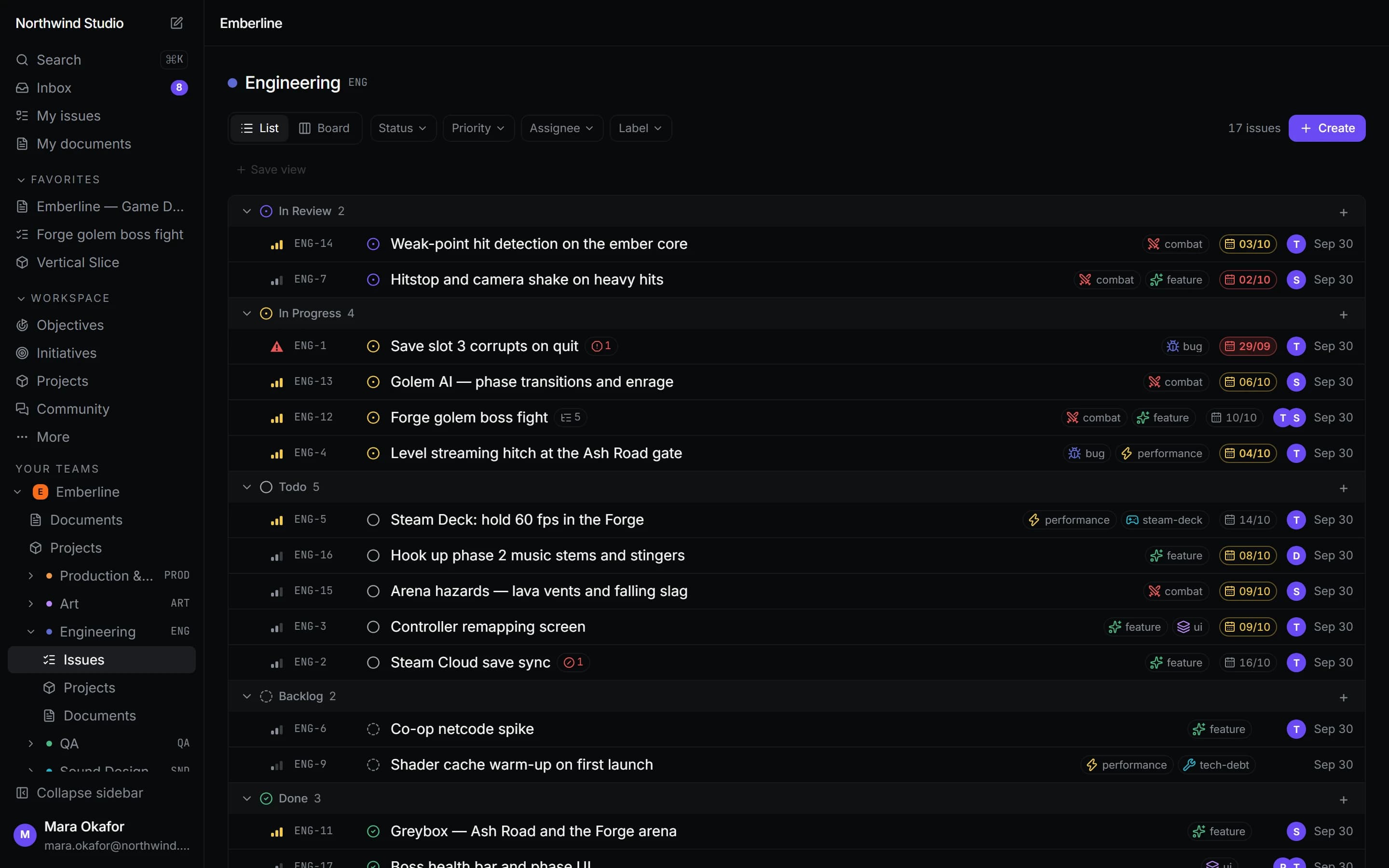 LevelGrid showing a team’s issues grouped by status, with priorities, labels, assignees and due dates, and the studio’s games and teams in the sidebar.